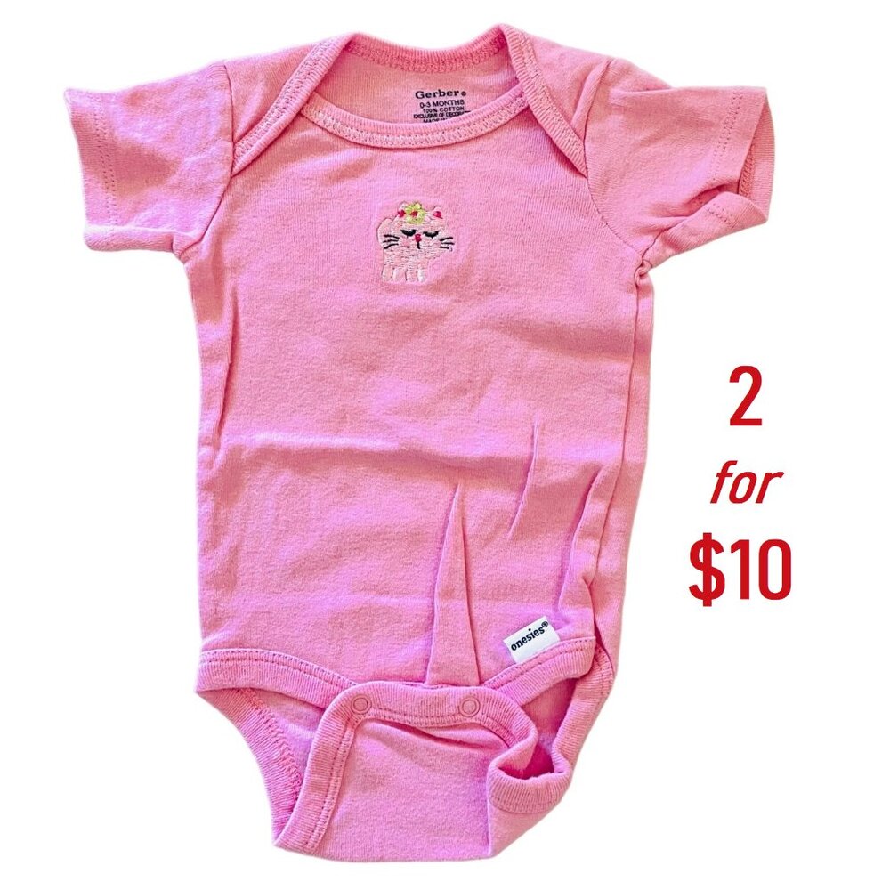 Gerber Onesies Baby Girl Pink Bodysuit 0 to 3 M Kitty Embroidery Short Sleeve